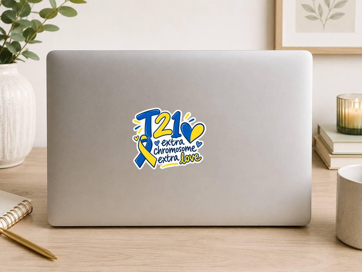 T21 Trisomy 21 Sticker, Down Syndrome Awareness Decal, Blue Yellow Heart Sticker ST 060