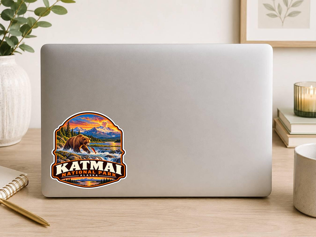 Katmai National Park Sticker | Alaska National Park Decal | Brown Bear Salmon Sticker ST 158