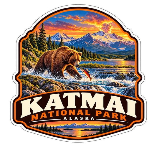 Katmai National Park Sticker | Alaska National Park Decal | Brown Bear Salmon Sticker ST 158