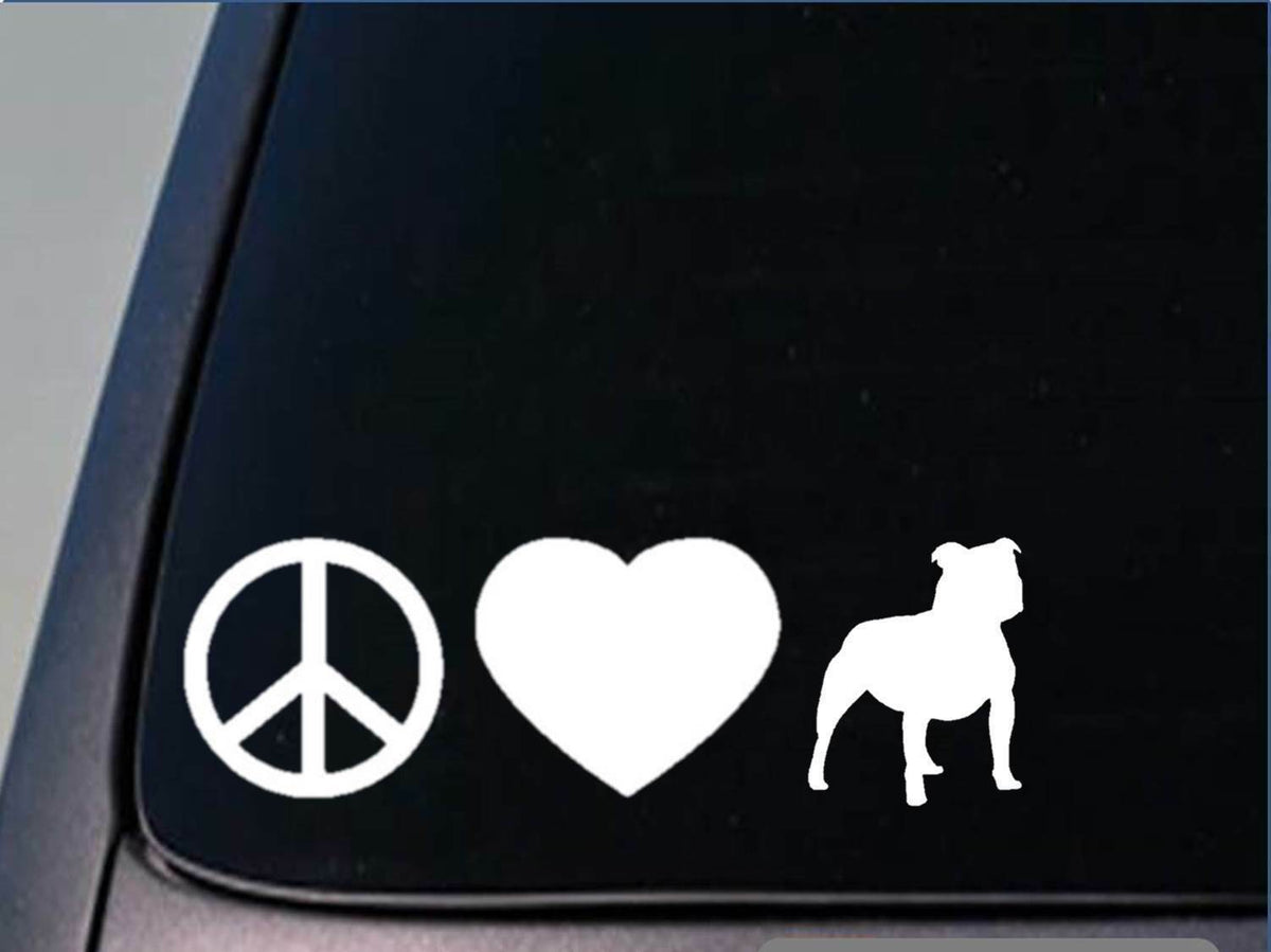 Peace Love Staffie Bull Vinyl Decal – 8 Inch