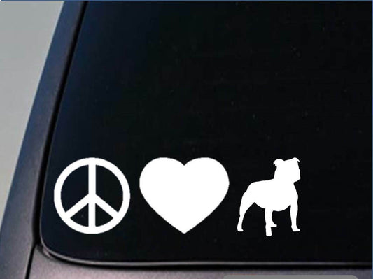 Peace Love Staffie Bull Vinyl Decal – 8 Inch