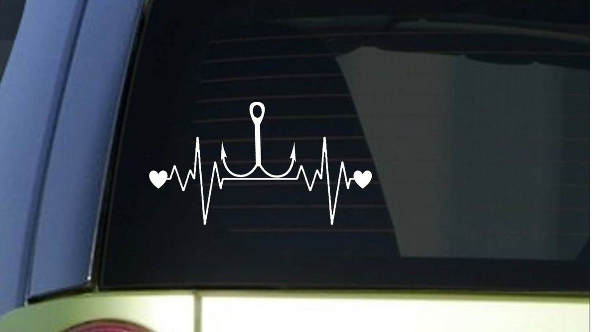 Fishing Hook Heartbeat Lifeline Wide Vinyl Decal – 8 Inch