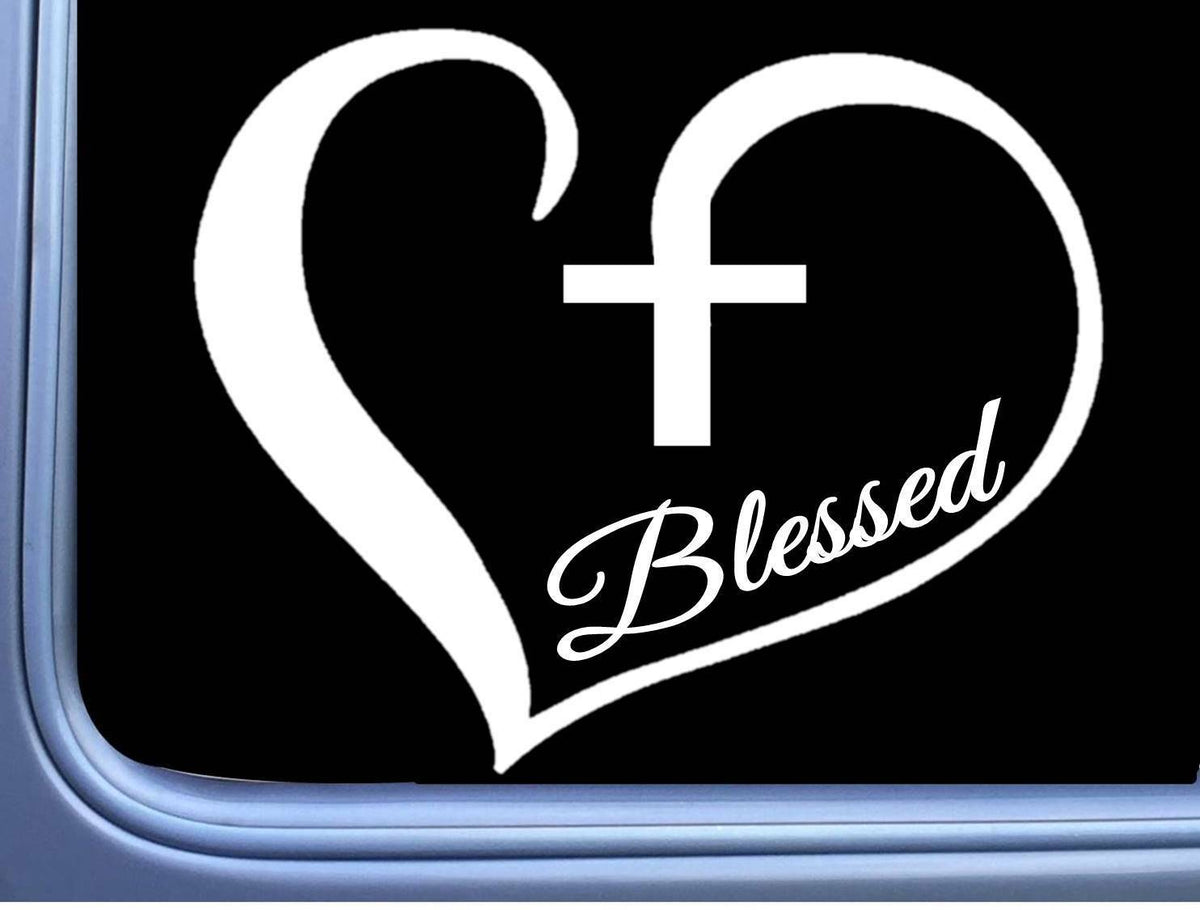 Blessed Christian Cross Heart Vinyl Decal – 6 Inch