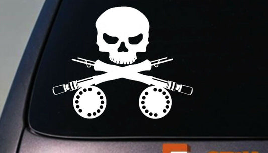 Fly Fishing Rod Skull Bait Fly Stream Mountains Trout Salmon Bass Crappie Waders Vinyl Decal