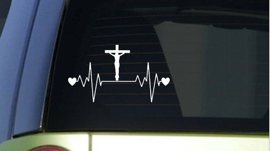 Cross Heartbeat Lifeline Wide Vinyl Decal – 8 Inch