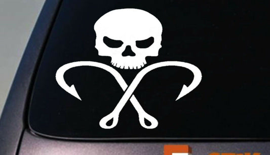 Fishing Skull Hooks Bass Crappie Boat Outboard Motor Rod Reel Baitcaster Bait 2A Vinyl Decal
