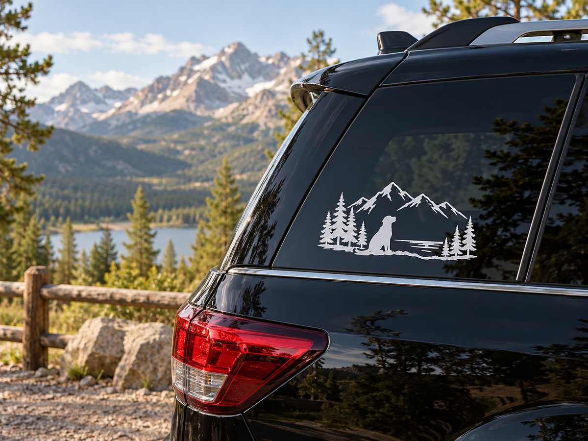 Illustrative mountain and dog vinyl decal on a car window